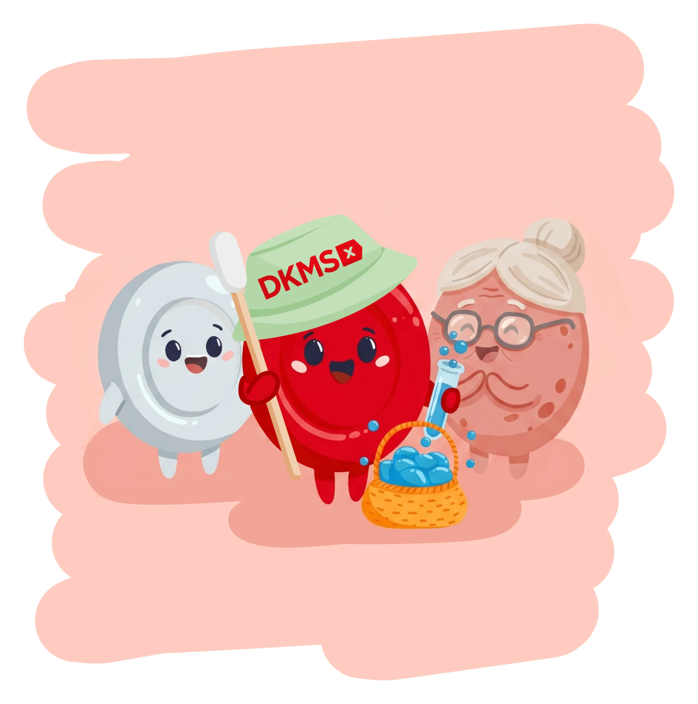 Little Red w kapeluszu bucket DKMS, z patyczkiem wymazowym, stoi obok białej krwinki i Grandma Marrow, jej koszyk znowu jest pełny