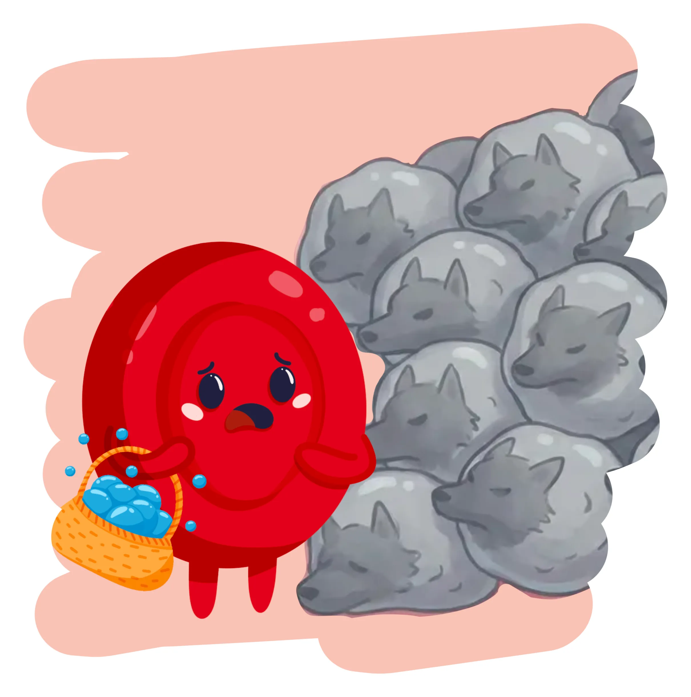 Little Red Blood Cell wygląda na przestraszoną, ściska koszyk przed ścianą zwiniętych szarych wilków