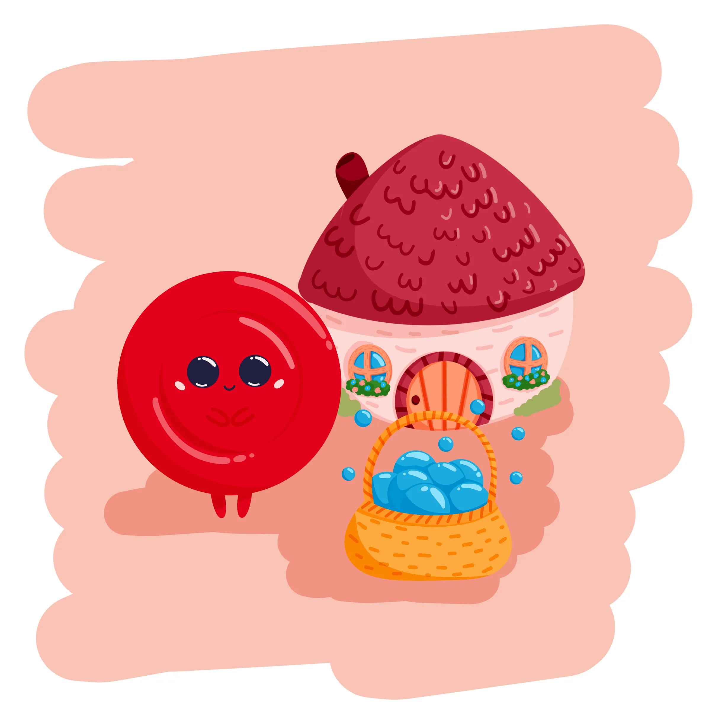 Little Red Blood Cell, mała okrągła czerwona krwinka z wielkimi oczami, wyrusza z chatki z koszykiem pełnym świecących niebieskich bąbelków tlenu