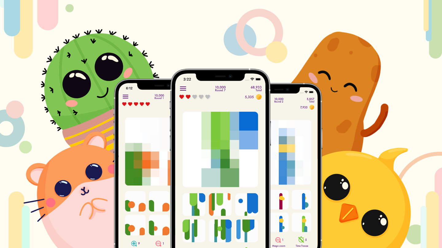 Squarelets na trzech telefonach: odkrywasz kwadraciki, aż pojawi się obrazek; obok bohaterowie Chaos Cookie